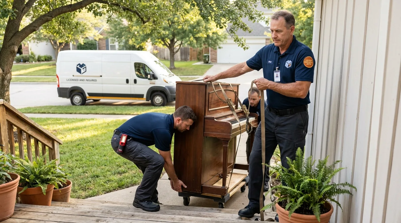 Licensed piano movers securing grand piano in Osborne, KS